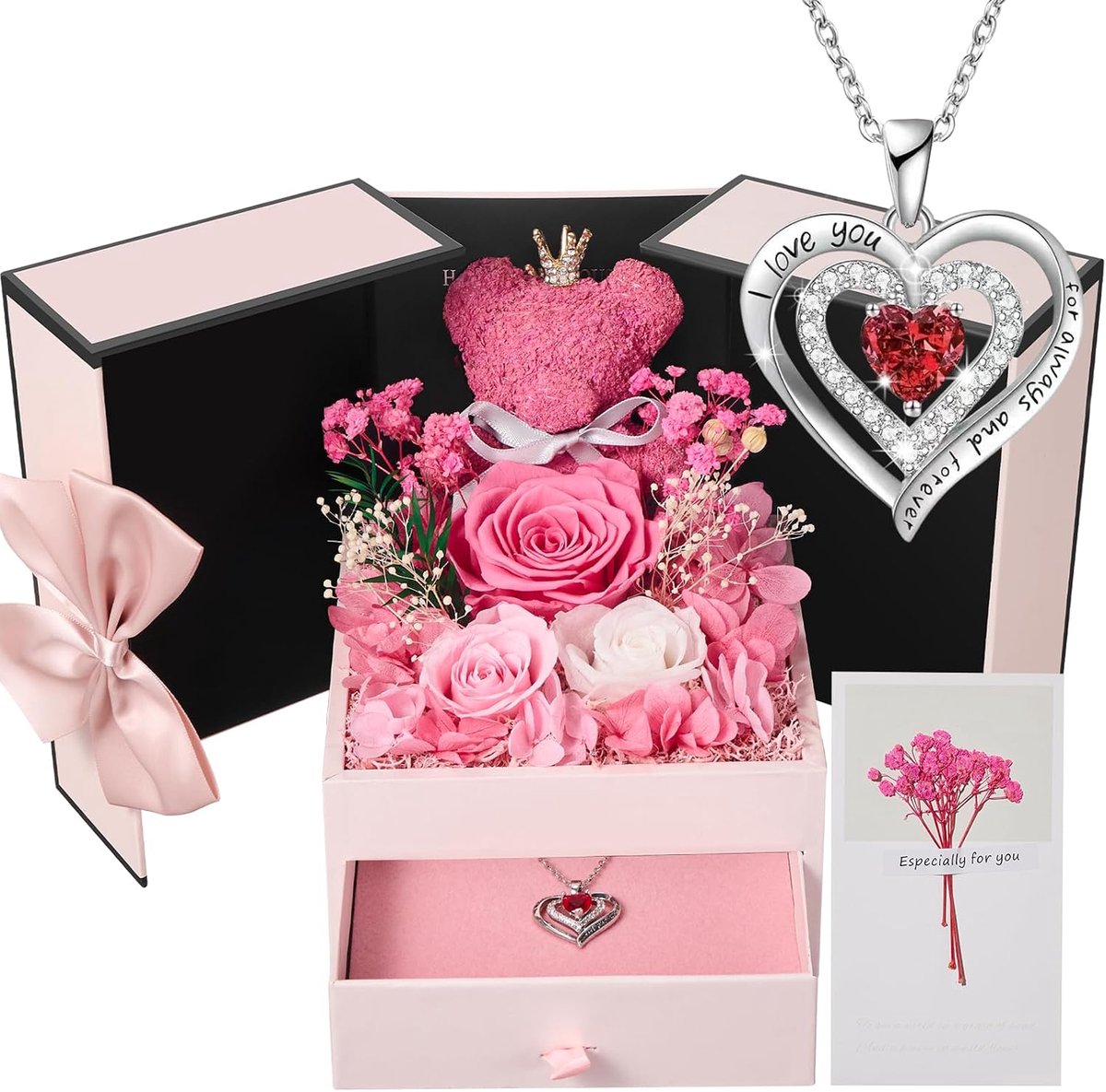 Valentijnsdag bewaard echte roos cadeau voor vrouwen, geconserveerde rozen voor altijd bloemen met mosbeer & liefde ketting voor vrouw vriendin op verjaardag verjaardag Moederdag Kerstmis