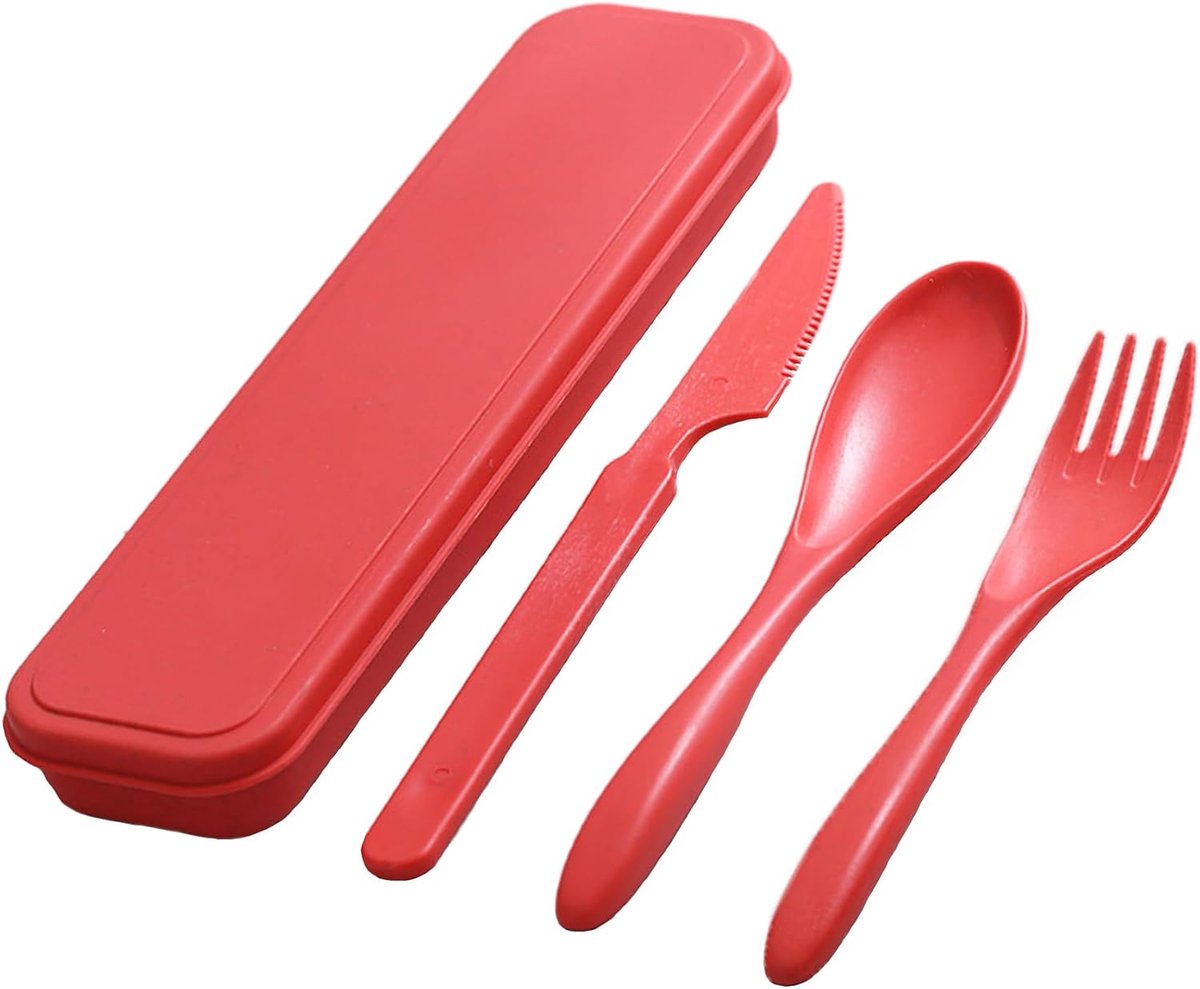 Bestek-set met etui, herbruikbaar, draagbaar gebruiksvoorwerpen, plastic vork, mes, lepel voor camping, picknick, werk, school, dagelijks gebruik (rood)