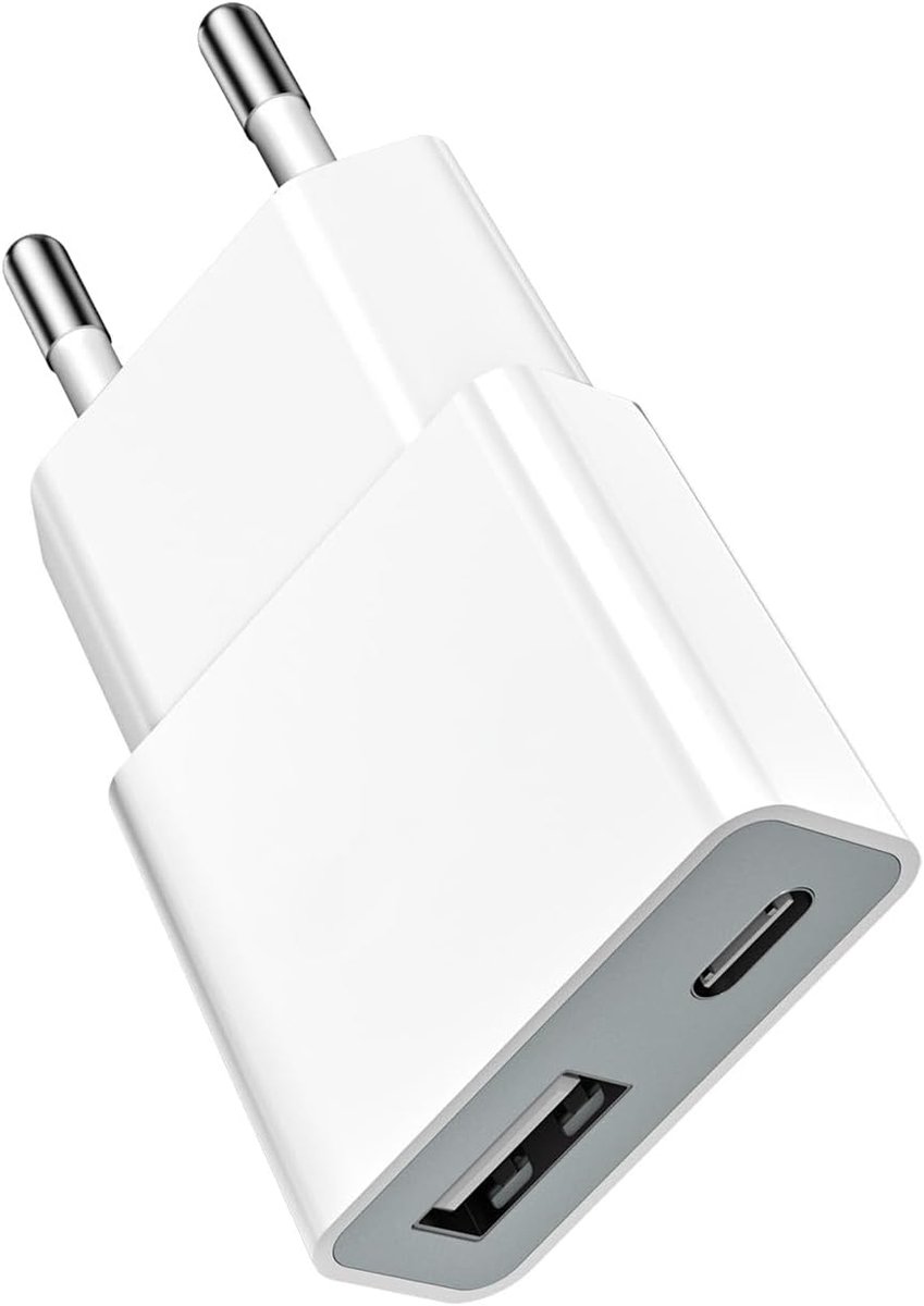 5 W USB-oplader, ultradunne universele oplaadadapter (5 V 1 A) – 2 poorten: USB-C + A – compatibel met iPhone, e-book-readers, elektrische tandenborstels Xperia, MP3-spelers en smartphones