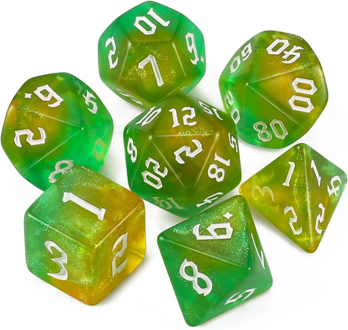 DND Game dobbelstenen set, 7 stuks polyedrische dobbelstenen set voor kerkers en draken RPG MTG rollenspel tafelspellen (geel en groen)