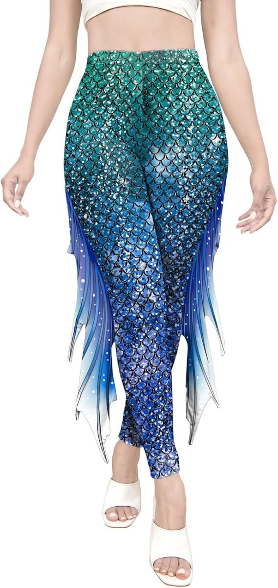 Zeemeerminkostuum dames schaalpatroon glanzende legging hoge taille slim fit broek dames zeemeermin legging glanzende legging voor carnaval cosplay party, zeemeermin, medium slim