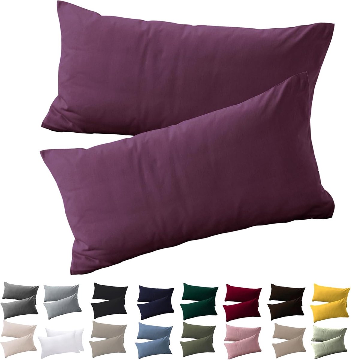 Kussensloop 40 x 70 cm, set van 2 stuks, lila hoofdkussensloop voor kussens 40 x 70 cm, 100% microvezel, resistent en hypoallergeen, met ritssluiting