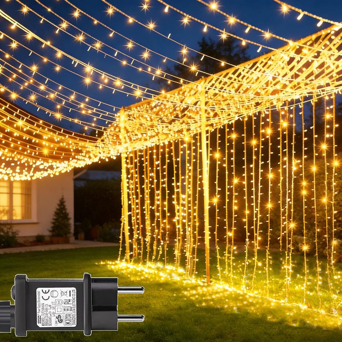 yowin Lichtgordijn, Kerstmis, 6 m x 3 m, 600 leds, lichtketting, voeding, 8 modi, waterdicht, lichtketting voor bruiloft, binnen en buiten, decoratie, warm wit, 2 stuks