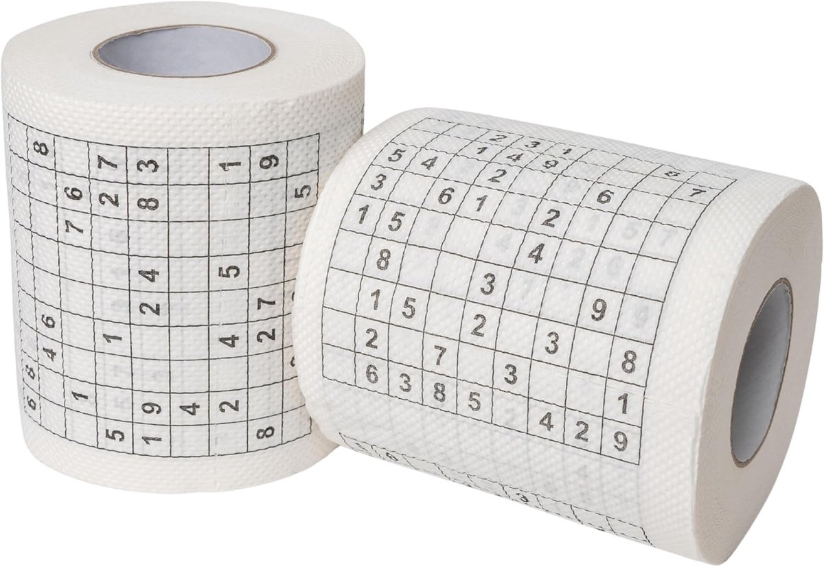 Toiletpapier, 2 rollen, met 20 verschillende Sudoku puzzels, toiletdecoratie voor een verjaardag, grappig thema toiletpapier, leuk toiletpapier, toiletrol cadeauartikel, verjaardagsdecoratie