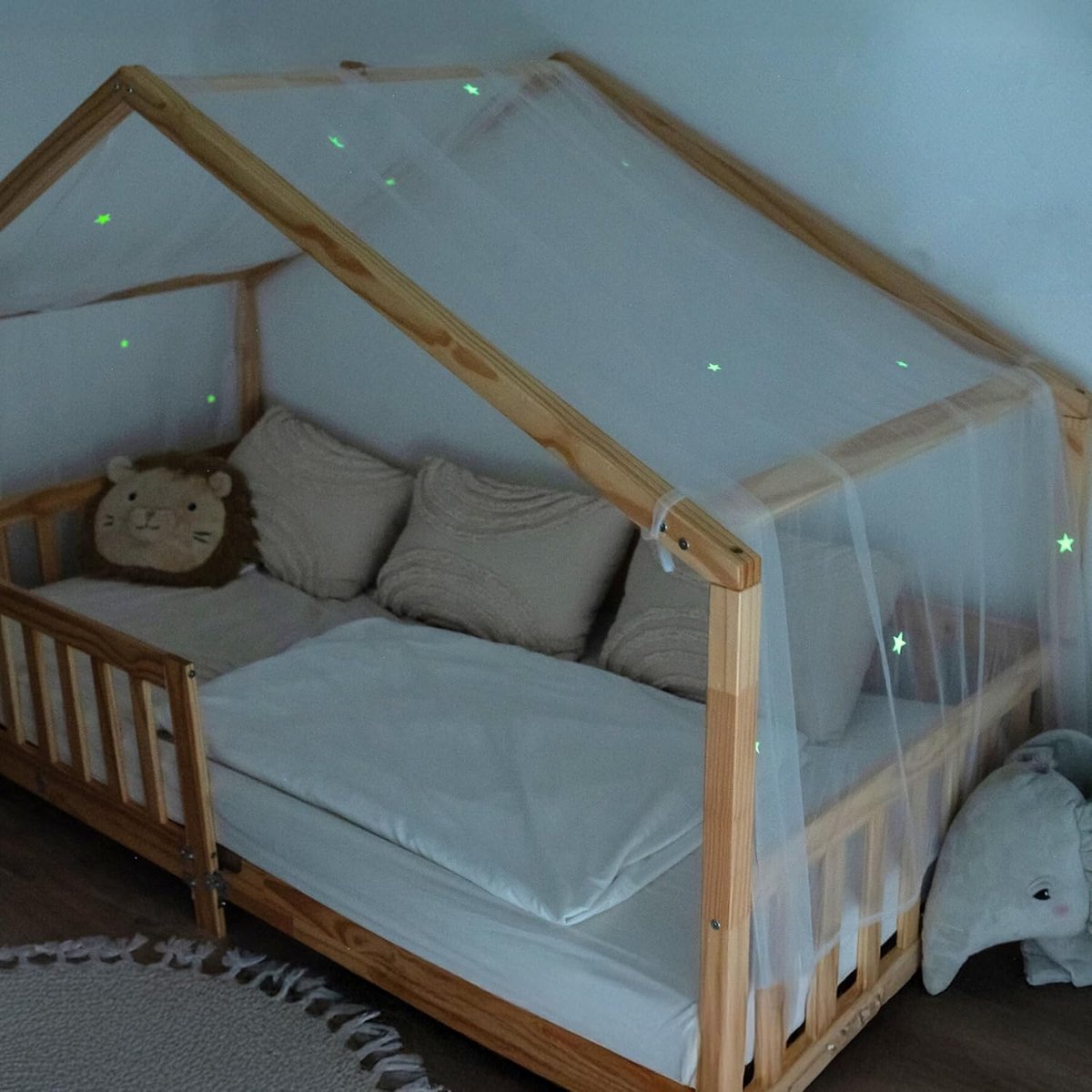 lilimaus Huisbed hemel met lichtgevende sterren - Bedhemel huisbed decoratie - Cadeau meisjes & jongens - Hemelbed gordijnen voor 90x200 & 120x200 kinderbedden - Lichtsterren kinderkamer decoratie