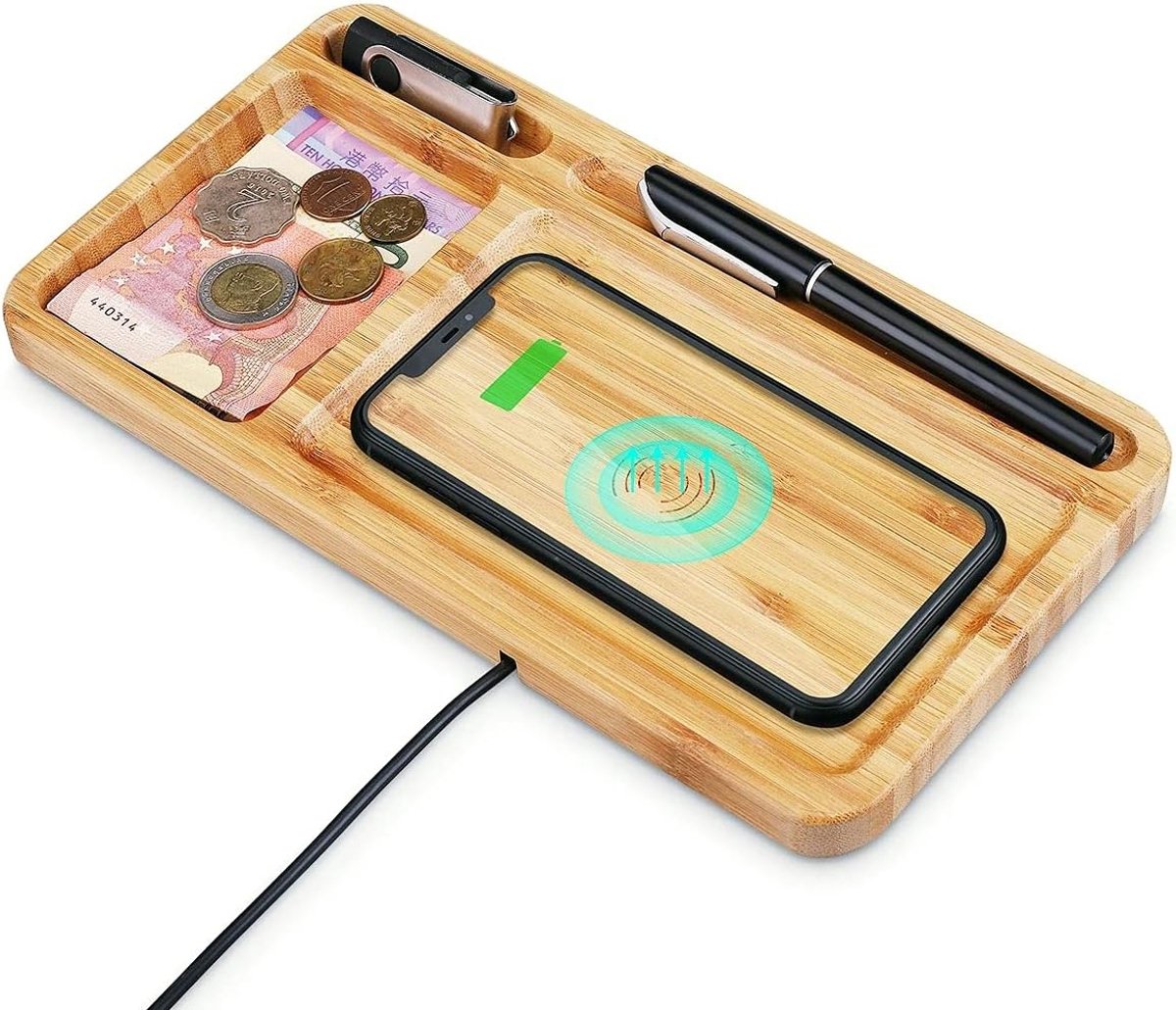 Draadloze Oplader met Bureau Organiser Pad, KingTSYU 15W Houten Draadloze Oplader Docking Tray, Hout Qi Mobiele Telefoon Inductief Oplaadstation Compatibel for iPhone/Samsung/Android Telefoon