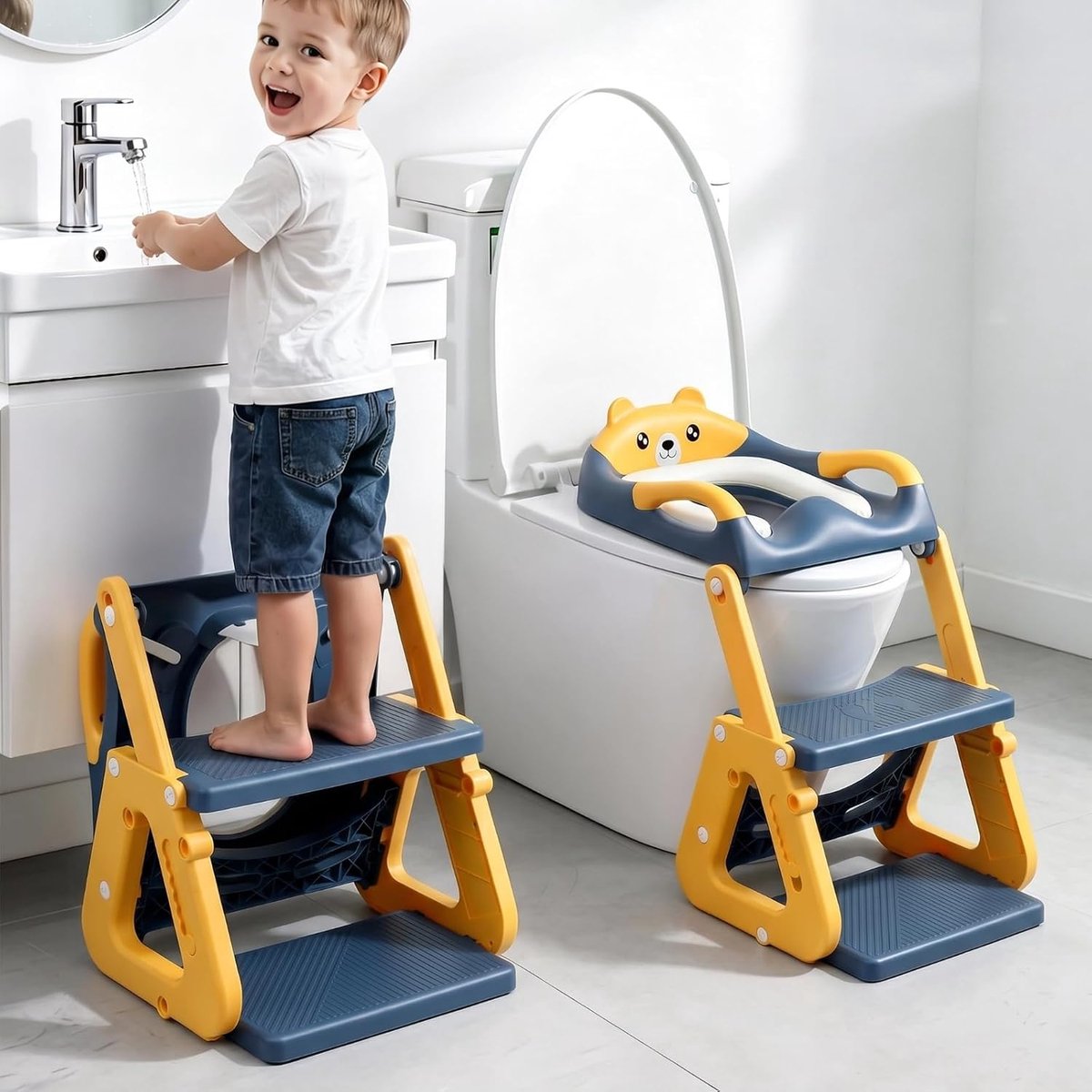 Verstelbare Kindertoiletbril met Trap, Stabiel Kindertoilet Trainingszitje met Opstapje, Verlengde Pedaal & Spatbescherming en Waterdicht PVC Kussen, Anti-slip & Lichtgewicht,Geelachtig blauw