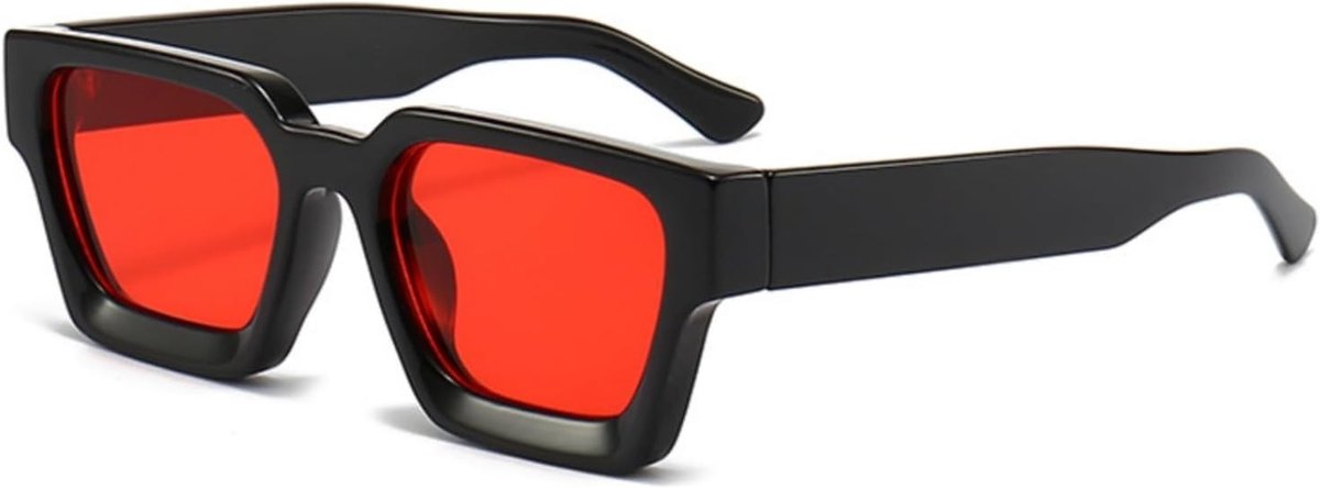 rechthoekige zonnebril voor dames en heren, chunky rechthoekige zonnebril, retro bril, UV400-bescherming, Zwart/Rood
