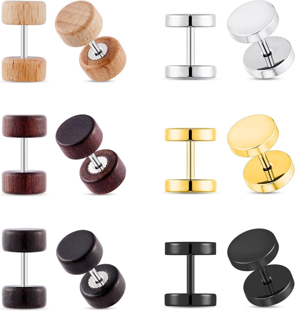 6 paar 16G heren dames hout roestvrij staal oorsteker set oorbellen oorlel fake plug tunnel schroef oor piercing oorsieraden