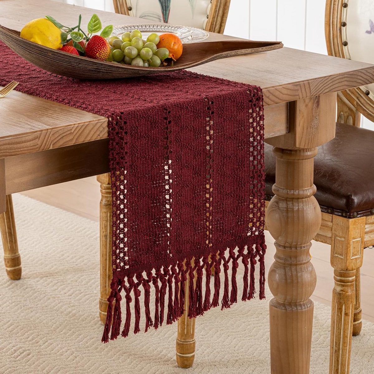 Tafelloper macramé met kwastjes, 30 x 180 cm, rood, herfst, boerderij, tafelloper, linnen, katoen, vintage, voor keuken, binnenruimtes, vakantie, bruiloften