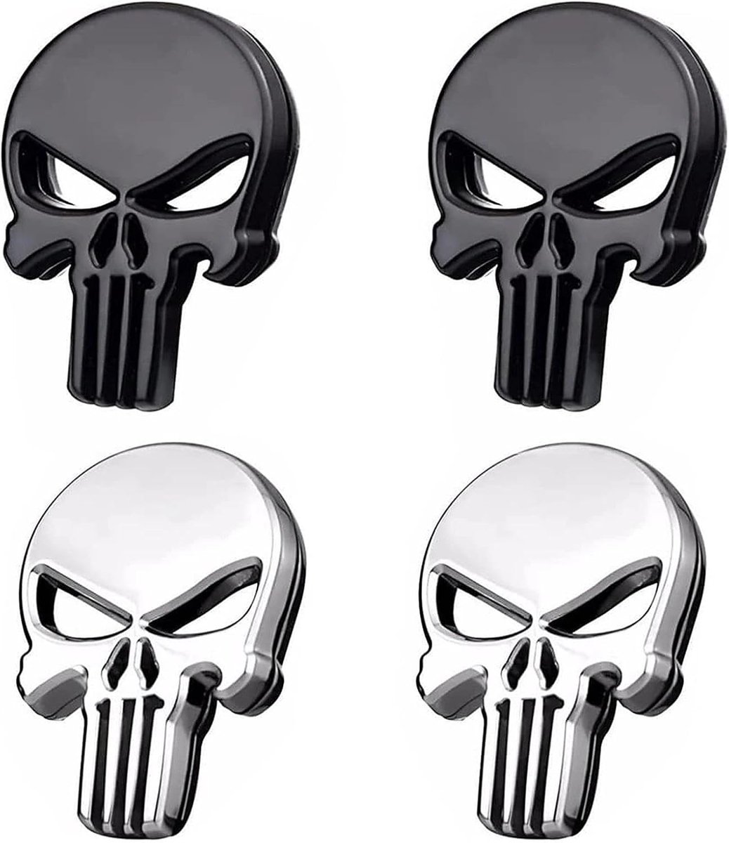 4 stuks 3D schedel punisher voertuig auto sticker metalen sticker motorfiets waterdichte decoratie auto's vrachtwagens motorfiets voertuig (zwart en zilver)