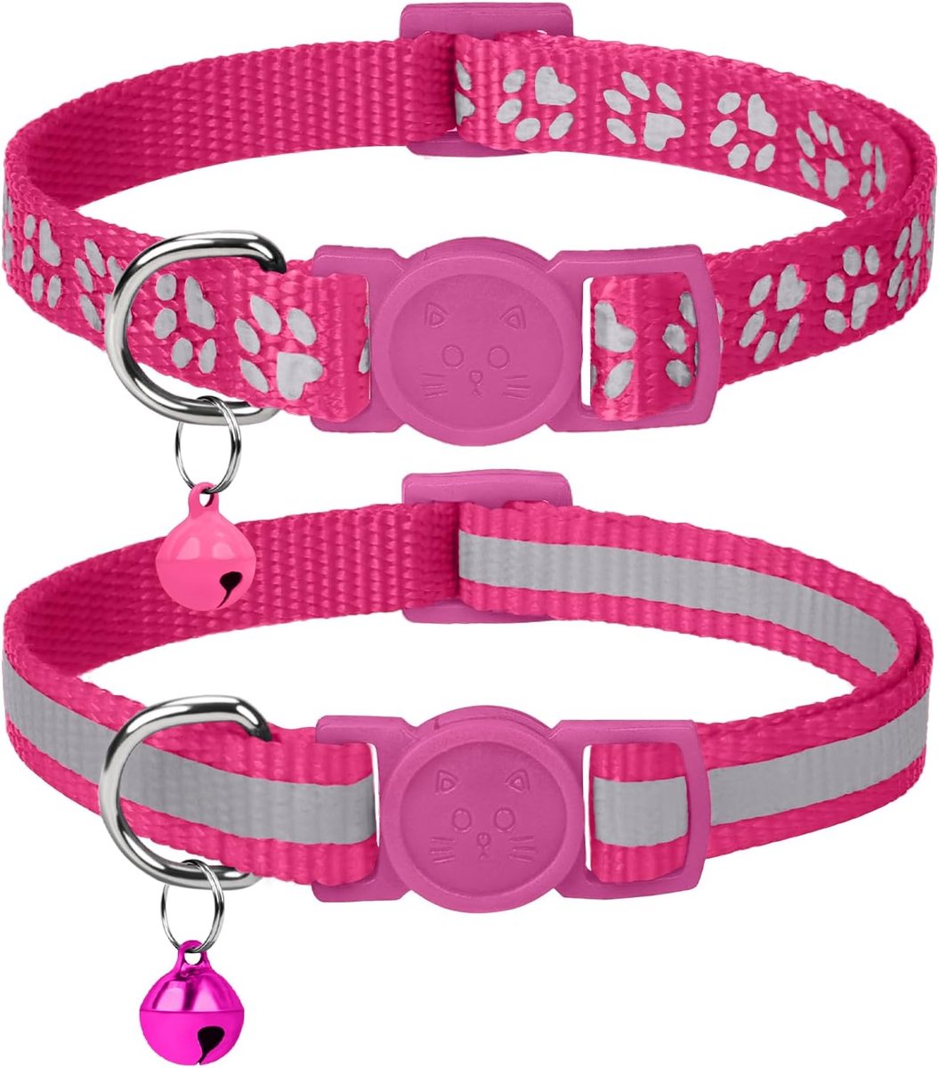 Reflecterende Kattenhalsband Breakaway met Bells, 2 Pack Meisje Jongen Huisdier Kat Halsband Verstelbaar 19-32 cm, felroze