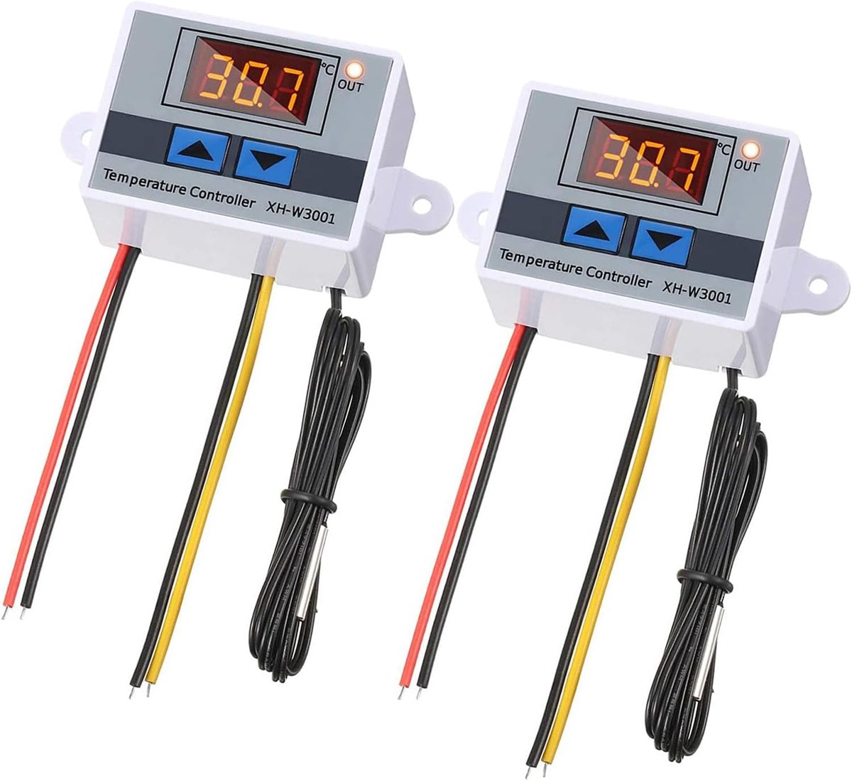 2 stuks AC 110V-220V thermostaatschakelaar met waterdichte sonde, XH-W3001 digitale LED-temperatuurregelmodule, -50℃ tot 110℃ programmeerbare verwarmings- en koelthermostaat