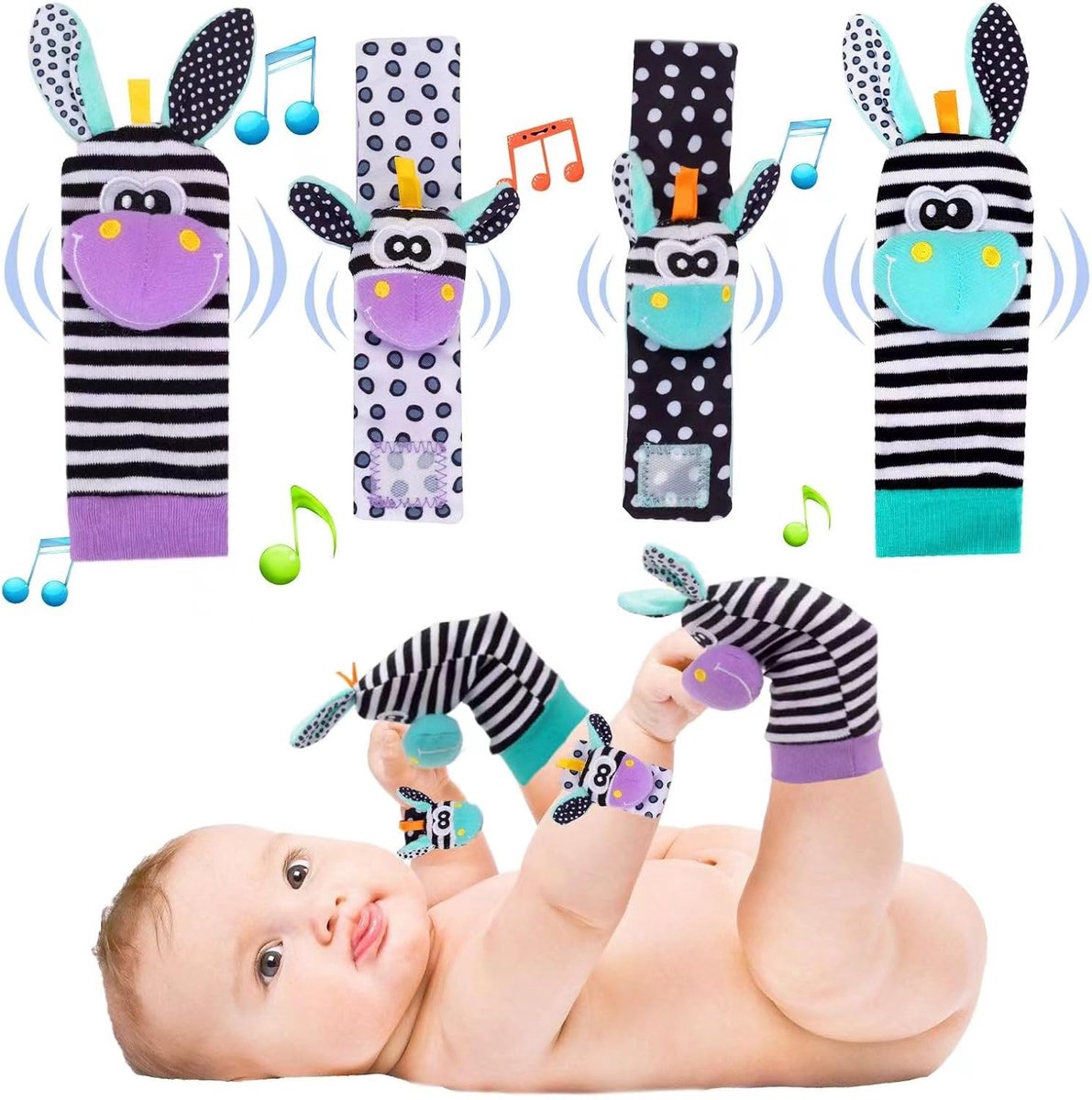 4 stuks baby rammelsokken pols riem rammelset baby vroege educatieve speelgoed voor pasgeborenen leuk dier zacht sensorisch kleine kleine kinderen speelgoed voor baby's van 0-36 maanden