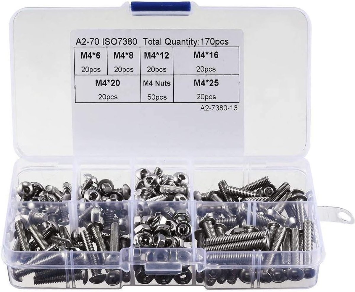 170 Stks M4 304 roestvrij staal Allen Hex Drive Button Hoofd Socket Cap Schroeven Moeren Assortiment Kit (M4)