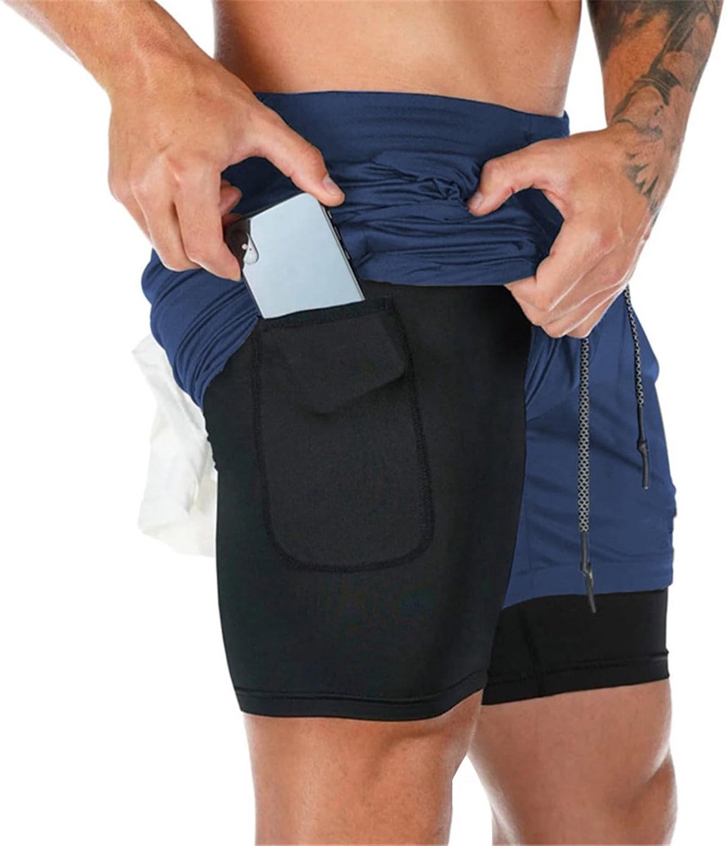 Shorts voor heren, 2-in-1, korte hardloopbroek, sportbroek, met geïntegreerde zakken, voor fitness, training.