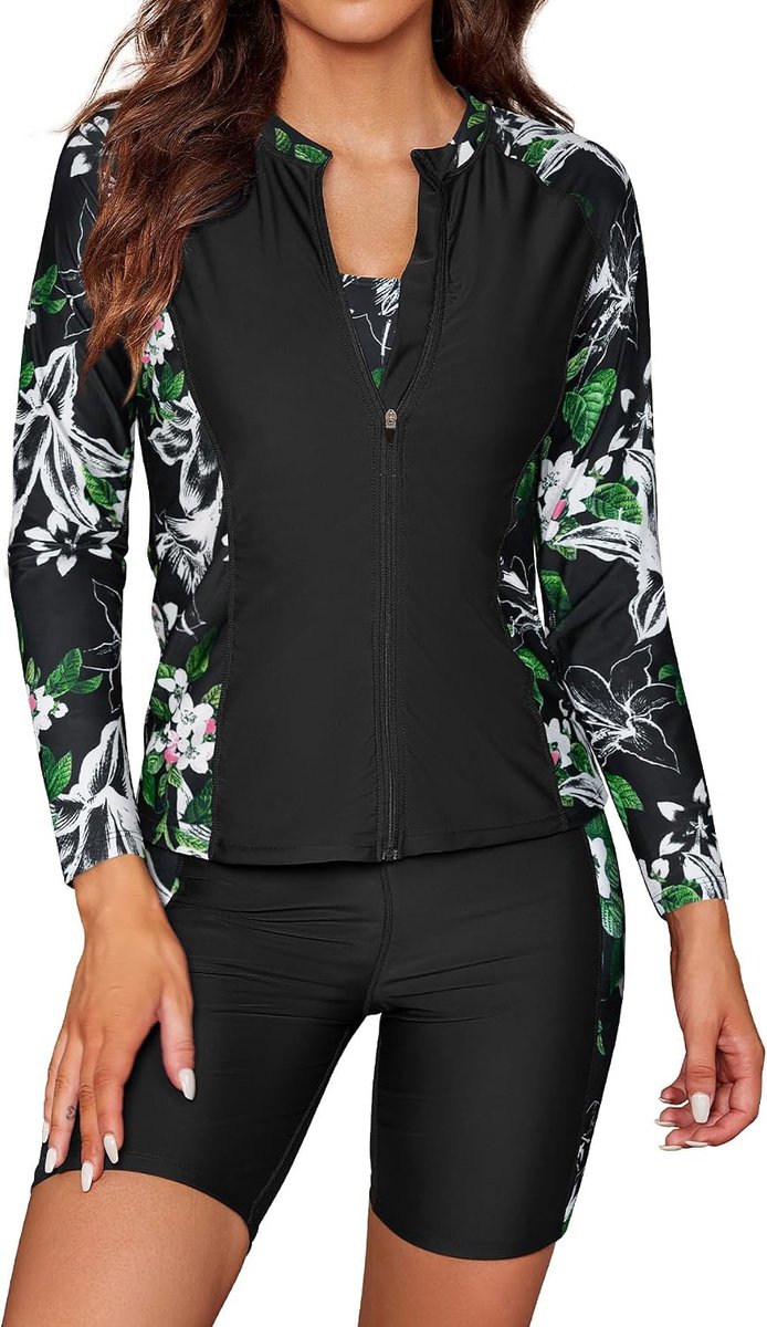 Dames 3-delige bedrukte tankini sets lange mouwen Rash Guard ritssluiting zwemshirt surfshirt vest bikinitop badpak zwemshorts veiligheid sportieve fietsbroek zwempak
