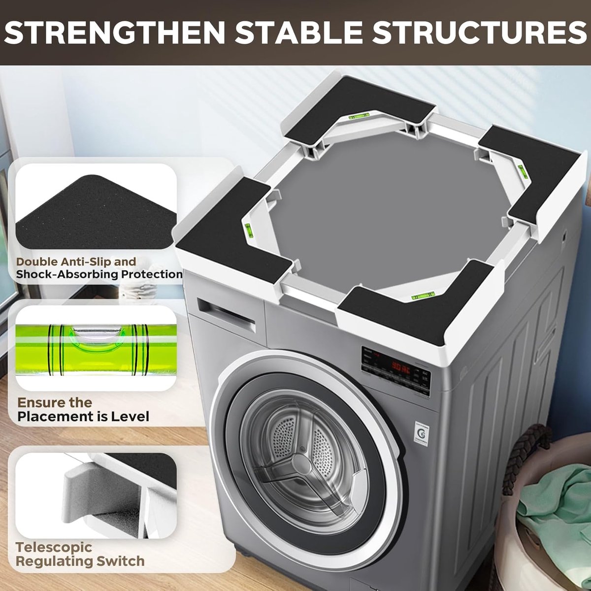 stapelset voor wasmachine en droger, diepteverstelling 45-68 cm, wit rateltouw + 8 antislippads, TÜV-geteste veiligheid, ruimtebesparend en trillingsarm (wit)