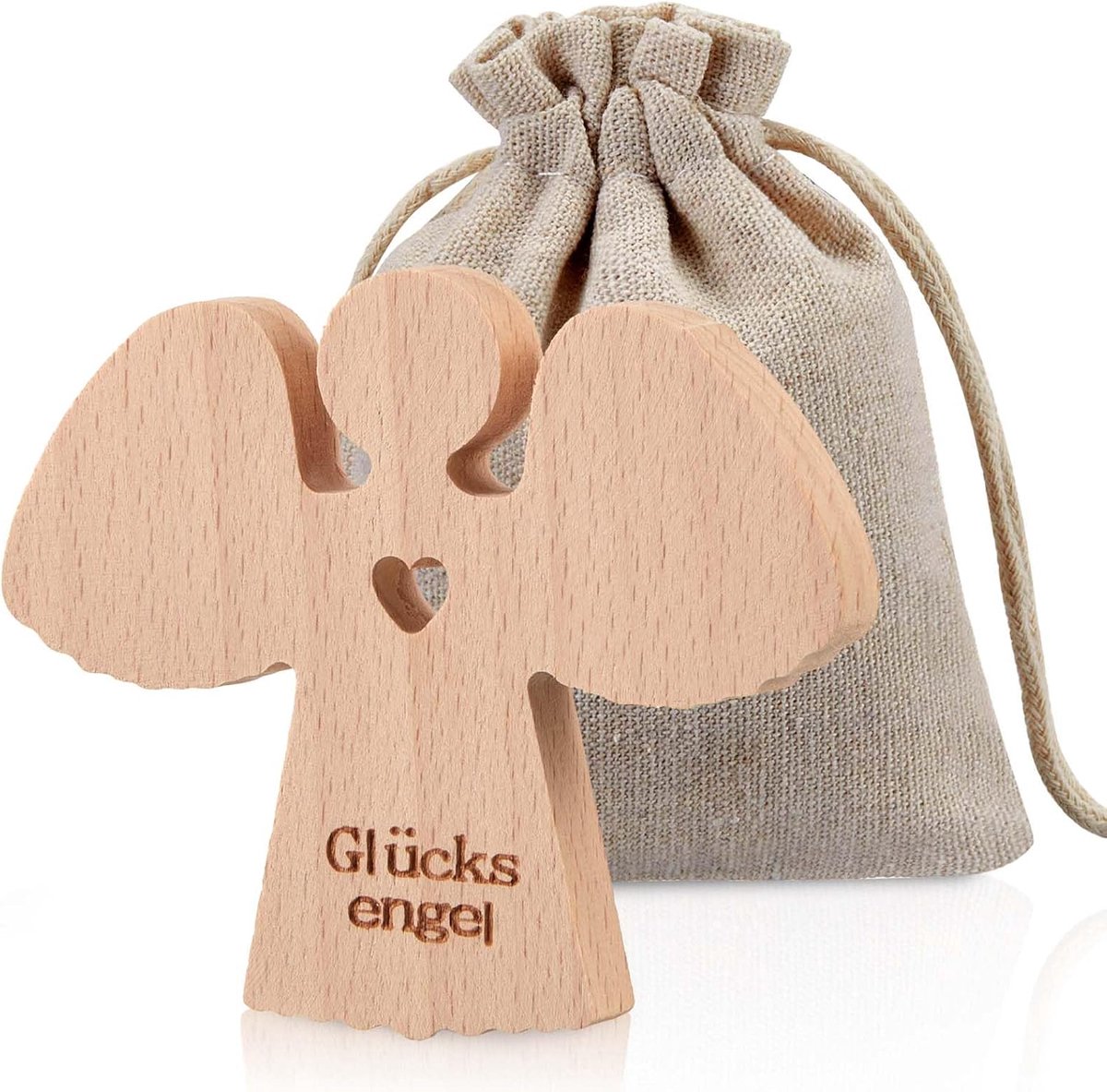 Beschermengel van hout, kleine geluksbrenger met hart, aanmoedigingscadeau voor familie, vrienden, kinderen, communie, doop