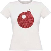 Kerstbal glitter rood T-shirt maat L Dames wit