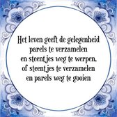 Tegeltje met Spreuk (Tegeltjeswijsheid): Het leven geeft de gelegenheid parels te verzamelen en steentjes weg te werpen, of steentjes te verzamelen en parels weg te gooien + Kado verpakking & Plakhanger