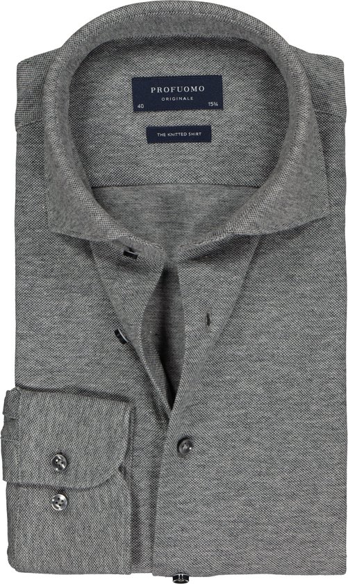 Profuomo slim fit jersey overhemd - knitted shirt pique - antraciet grijs melange - Strijkvrij - Boordmaat: 43