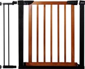 Porte d'escalier Springos | Barrière d'escaliers | Clôture de sécurité | Métal | Bois | Noir / marron | 90 - 96cm