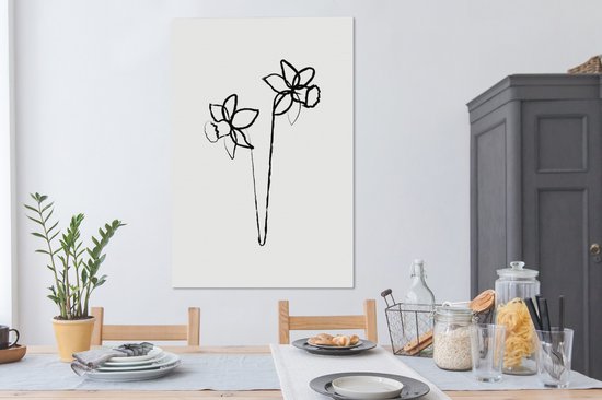Jonquilles ligne art botanique sur fond toile 2cm 90x140 cm blanc - impression photo sur toile peinture (Décoration murale salon / chambre à coucher) / Fleurs Peintures Toile