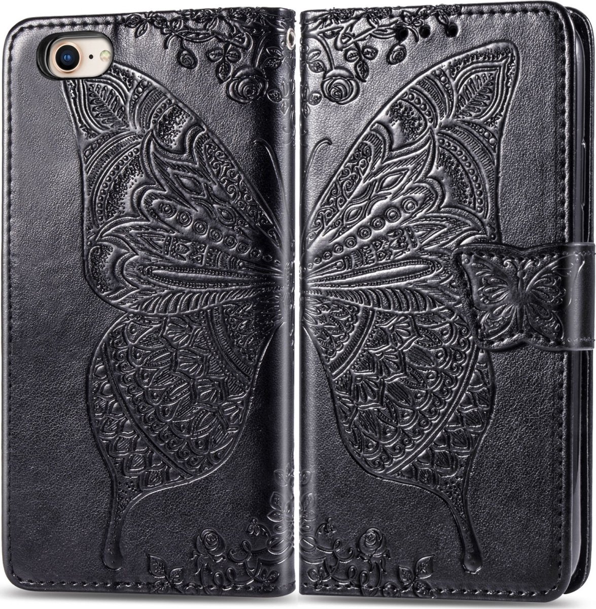 Mobigear Telefoonhoesje geschikt voor Apple iPhone SE (2020) Hoesje | Mobigear Butterfly Bookcase Portemonnee | Pasjeshouder voor 3 Pasjes | Telefoonhoesje voor Pinpas / OV Kaart / Rijbewijs - Zwart