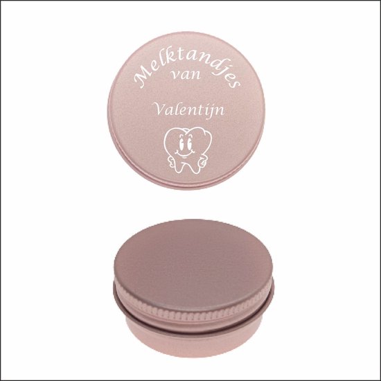 Boîte rose avec "Melktandjes van Valentijn" et une dent souriante. Le dessus est travaillé, le dessous est une boîte ronde.