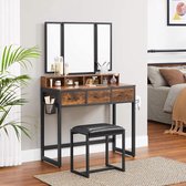 ZAZA Home - kaptafel - 3-delige klapspiegel - haardroger houder - gestoffeerde kruk - 3 lades - Vintage bruin