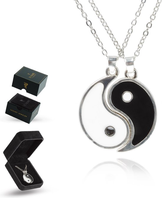 Luxore Collier Ying Yang pour 2 - Coffret Cadeau de l'Amitié pour la Saint-Valentin - Argenté, Blanc & Noir