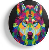 Artaza Houten Muurcirkel - Gekleurde Wolvenkop - Wolf - Abstract - Ø 80 cm - Groot - Multiplex Wandcirkel - Rond Schilderij