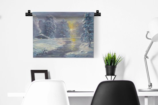 Wandkleed Bossen en bomen illustratie - Een illustratie van een winters bos Wandkleed katoen 60x45 cm - Wandtapijt met foto