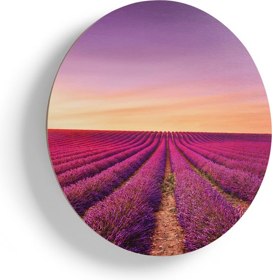 Artaza Houten Muurcirkel - Paarse Lavendel Bloemenveld - Ø 40 cm - Klein - Multiplex Wandcirkel - Rond Schilderij