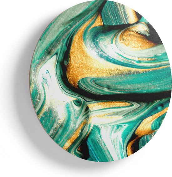 Artaza Houten Muurcirkel - Abstracte Kunst - Groen met Gouden Verf - Ø 40 cm - Klein - Multiplex Wandcirkel - Rond Schilderij