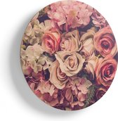 Cercle Mural en Bois Artaza - Fond Roses Roses - Rétro - Fleurs - Ø 55 cm - Cercle Mural en Contreplaqué - Tableau Rond