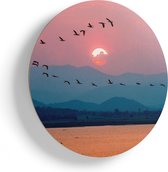 Artaza Houten Muurcirkel - Silhouet Van Zwerm Vogels Bij Zonsondergang - Ø 50 cm - Klein - Multiplex Wandcirkel - Rond Schilderij