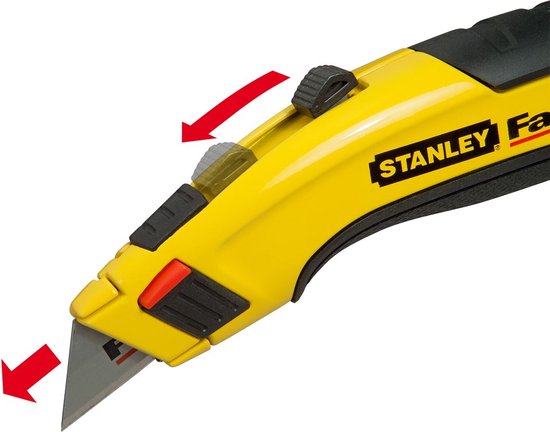 Gele Stanley Fatmax schuifmes met intrekbaar mes en rode activeringsknop. Rode pijlen tonen beweging.