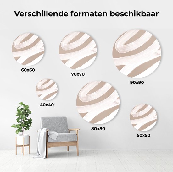 Artaza Dibond Wall Circle - Art abstrait - Rayures Witte sur beige - Ø 60 cm - Wall Circle - Peinture ronde - Intérieur et extérieur
