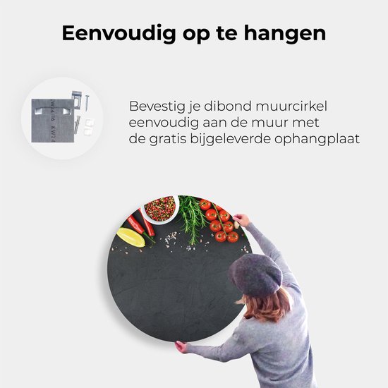 Artaza Cercle mural Dibond Herbes avec légumes sur assiette noire - Ø 70 cm - Cercle mural - Peinture ronde - Pour intérieur et extérieur