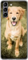 Geschikt voor Samsung Galaxy S21 hoesje - Een portret van een Golden Retriever puppy in de tuin - Siliconen Telefoonhoesje