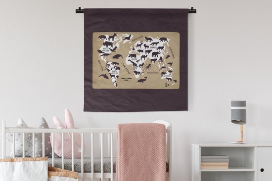Tapisserie murale - Toile murale - Wereldkaart Enfants - Wit - Marron - 90x90 cm - Tapisserie