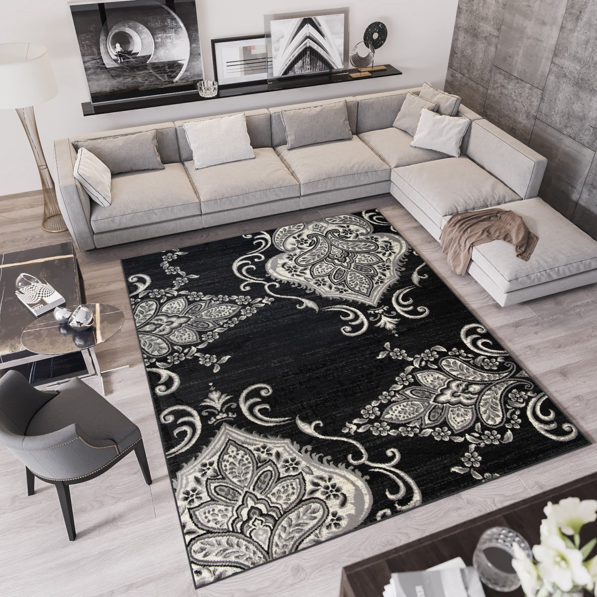 Tapiso Qmega Vloerkleed Zwart Grijs Woonkamer Tapijt Maat- 120x170 Zwart Grijs1