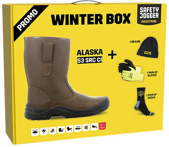 Gele Safety Jogger winterbox met bruine werklaars, zwarte muts, gele handschoenen en sokken.