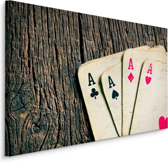 Schilderij - Oude speelkaarten op houten tafel, premium print