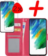 Hoes Geschikt voor Samsung S21 FE Hoesje Bookcase Hoes Flip Case Book Cover Met 2x Screenprotector - Hoesje Geschikt voor Samsung Galaxy S21 FE Hoes Book Case Hoesje - Donkerroze