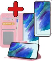 Samsung S21 FE Hoesje Book Case Hoes Portemonnee Cover Met Screenprotector - Samsung Galaxy S21 FE Case Hoesje Wallet Case - Lichtroze