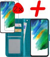 Samsung Galaxy S21 FE Hoesje Bookcase Met 2x Screenprotector - Samsung Galaxy S21 FE Case Hoes Cover - Samsung Galaxy S21 FE 2x Screenprotector - Turquoise
