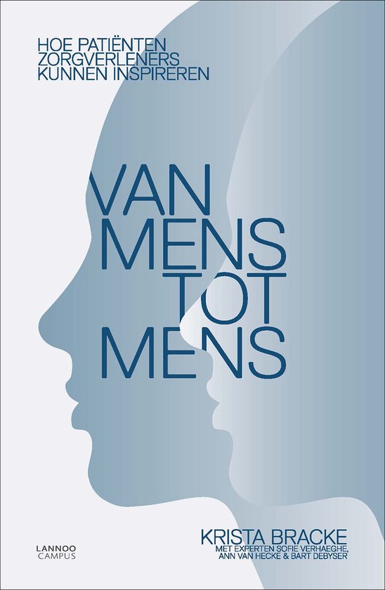 Boekomslag met de titel 'Van mens tot mens' in grote blauwe letters, tegen een lichtblauwe achtergrond met profielen van twee hoofden.